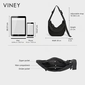 VINEY Lightweight Canvas Crescent Shoulder Bag, size guide graphic