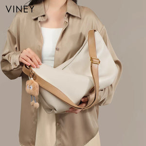 VINEY Genuine Leather Large Capacity Crescent Cloud Tote Bag in Coffee Brown & Brown