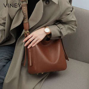 VINEY Genuine Leather Large Capacity Bucket Bag
