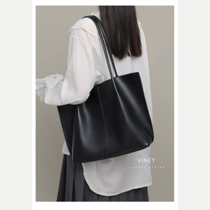 VINEY Black Leather Tote and Pouch Set in black, shoulder carry