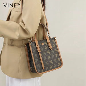 VINEY Cocoa Printed Convertible Tote Bag in cocoa, shoulder carry