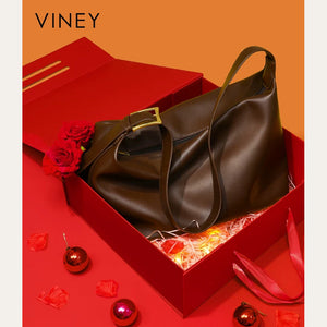 VINEY Coffee Brown Leather Shoulder Tote Bag in coffee brown, gift box