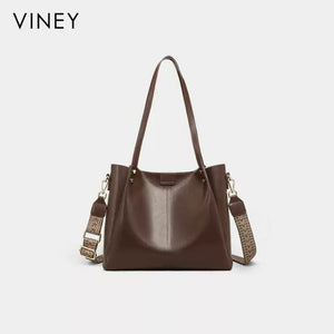 VINEY Coffee Leather Convertible Tote Bag in coffee, studio front