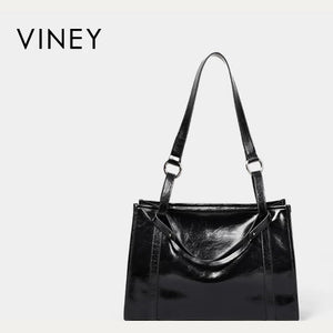 VINEY Glossy Leather Commuter Tote and Crossbody Bag in black
