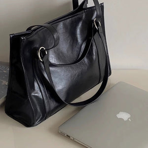 VINEY Glossy Leather Commuter Tote and Crossbody Bag in black, studio view