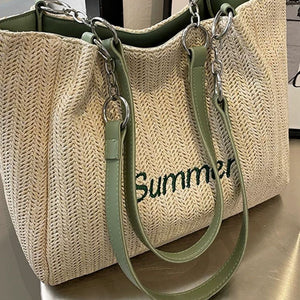 VINEY Green Woven Summer Tote Bag in green, woven texture close-up