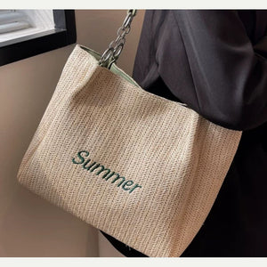 VINEY Green Woven Summer Tote Bag in green, bag body close-up