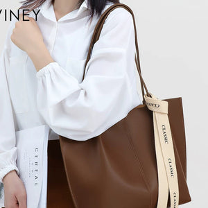 VINEY Large Leather Commuter Tote Bag, shoulder carry