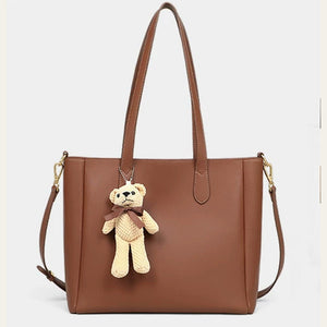 VINEY Leather Commuter Tote Bag with Bear Charm in caramel
