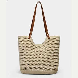 VINEY Open-Weave Beach Tote Bag in beige, front view