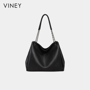 VINEY Soft Leather Chain-Handle Hobo Tote Bag in black