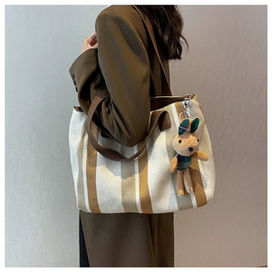 VINEY Striped Canvas Commuter Tote Bag in white, shoulder carry