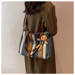 VINEY Striped Canvas Commuter Tote Bag in blue, shoulder carry
