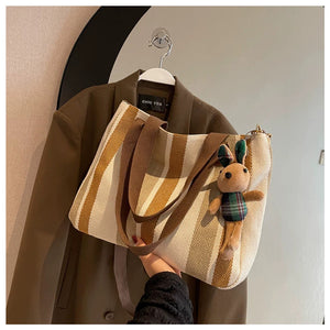 VINEY Striped Canvas Commuter Tote Bag in white, lifestyle view