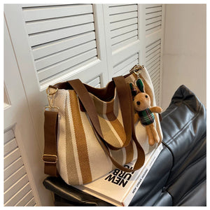 VINEY Striped Canvas Commuter Tote Bag in white, studio view