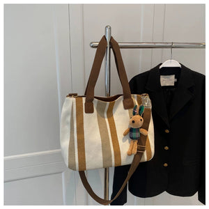 VINEY Striped Canvas Commuter Tote Bag in white, hanging view