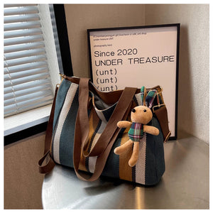 VINEY Striped Canvas Commuter Tote Bag in blue, studio view