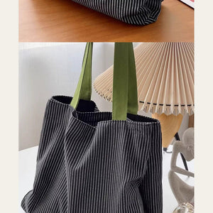 VINEY Striped Multi-Pocket Canvas Tote Bag, contrast handles