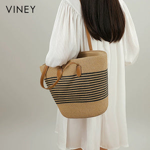 VINEY Striped Woven Beach and Commuter Tote Bag, model carry