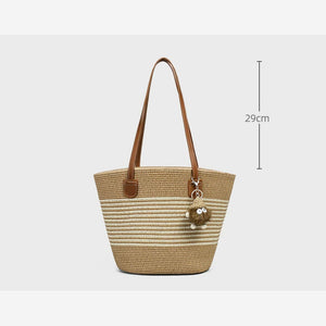 VINEY striped woven straw tote, front view beside a 29 cm measurement marker