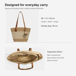 VINEY Striped Woven Straw Tote Bag, dimensions graphic