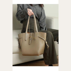 VINEY Winged Leather Bucket Tote Bag in khaki, lifestyle front