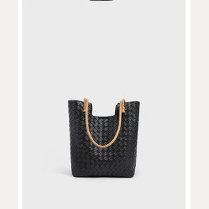 VINEY Tall Woven Leather Shoulder Tote Bag in black, profile