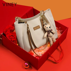 VINEY 4649A off-white genuine leather tote bag in a red gift box