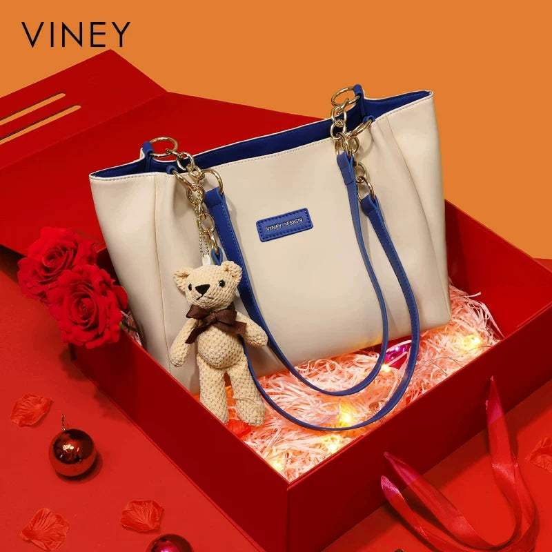 VINEY 4649A blue genuine leather tote in a gift presentation