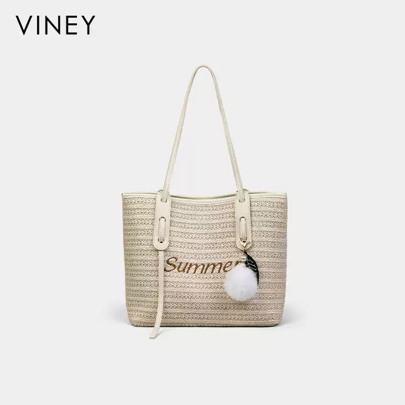 Cream woven tote bag front view