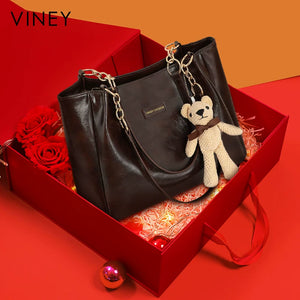 VINEY 4649A coffee brown genuine leather tote in a gift presentation