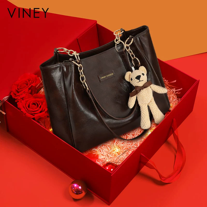 VINEY 4649A coffee brown genuine leather tote in a gift presentation