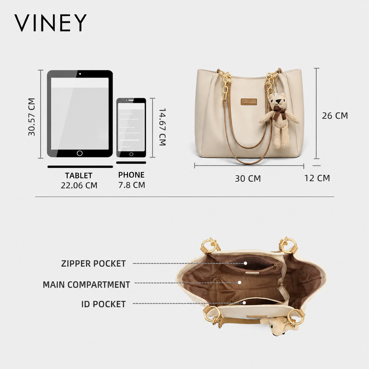 VINEY 4649A tote dimensions and zip-top interior capacity