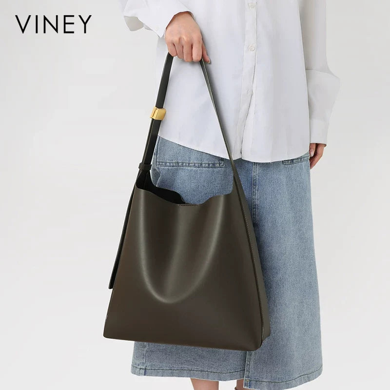 VINEY Genuine Leather Large Capacity 2-Piece Bucket Bag