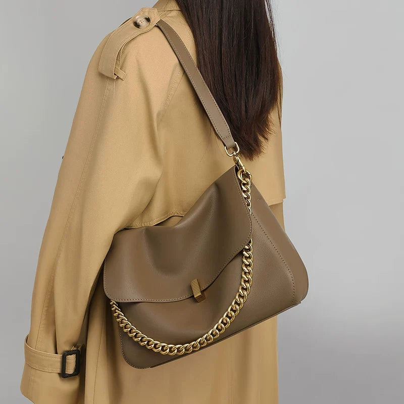 VINEY Everyday Genuine Leather Large Capacity Chain-Strap Tote Bag