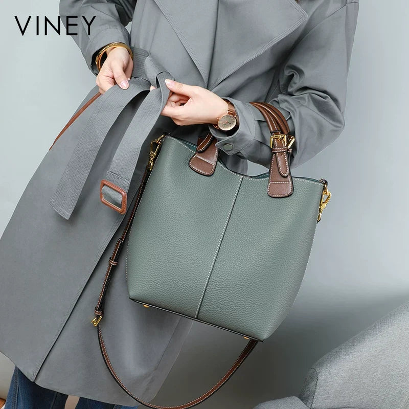 VINEY Everyday Genuine Leather Large Capacity Basket Convertible Bucket Bag