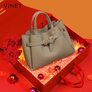 VINEY Classic Genuine Leather Large Capacity Convertible Bucket Bag