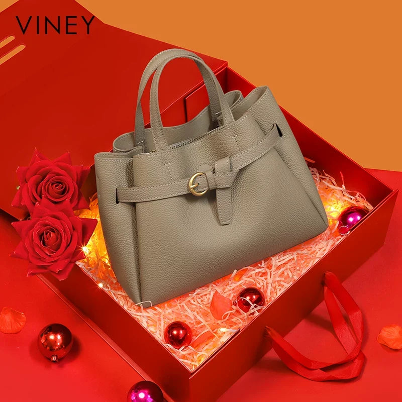VINEY Classic Genuine Leather Large Capacity Convertible Bucket Bag