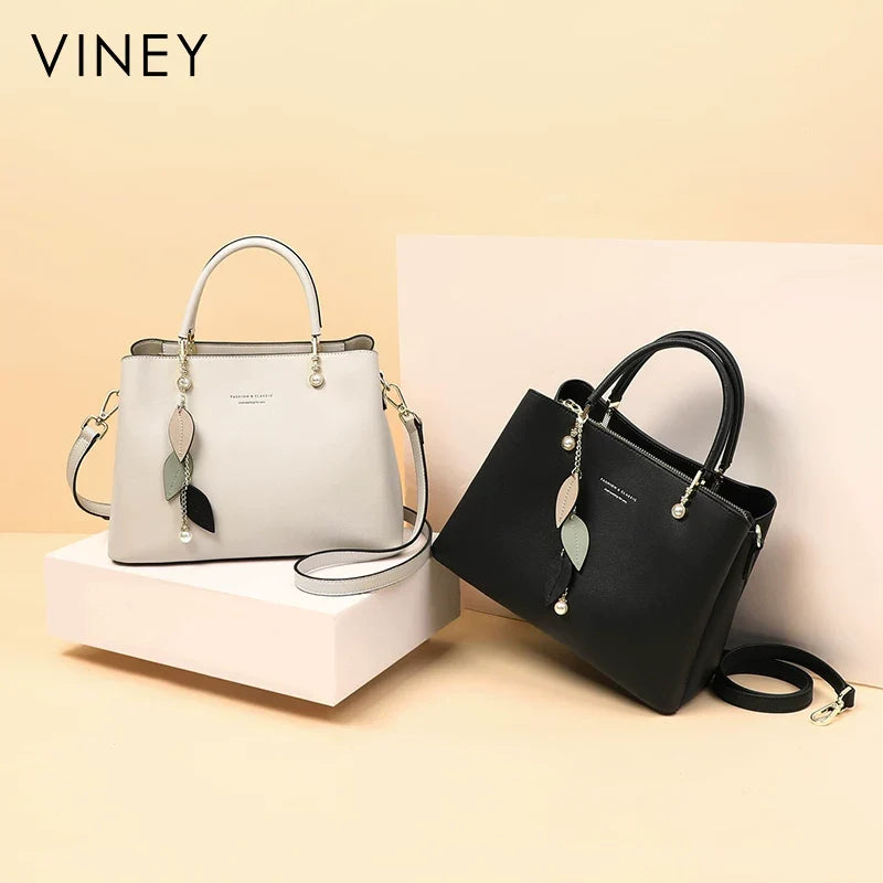 VINEY Weekend Genuine Leather Convertible Top-Handle Bag in Black