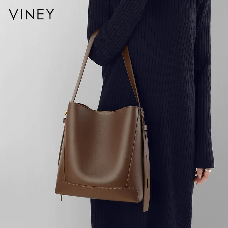VINEY Commuter Genuine Leather Large Capacity Convertible Bucket Bag