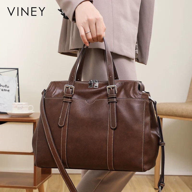 VINEY Genuine Leather Large Capacity Vintage Convertible Tote Bag