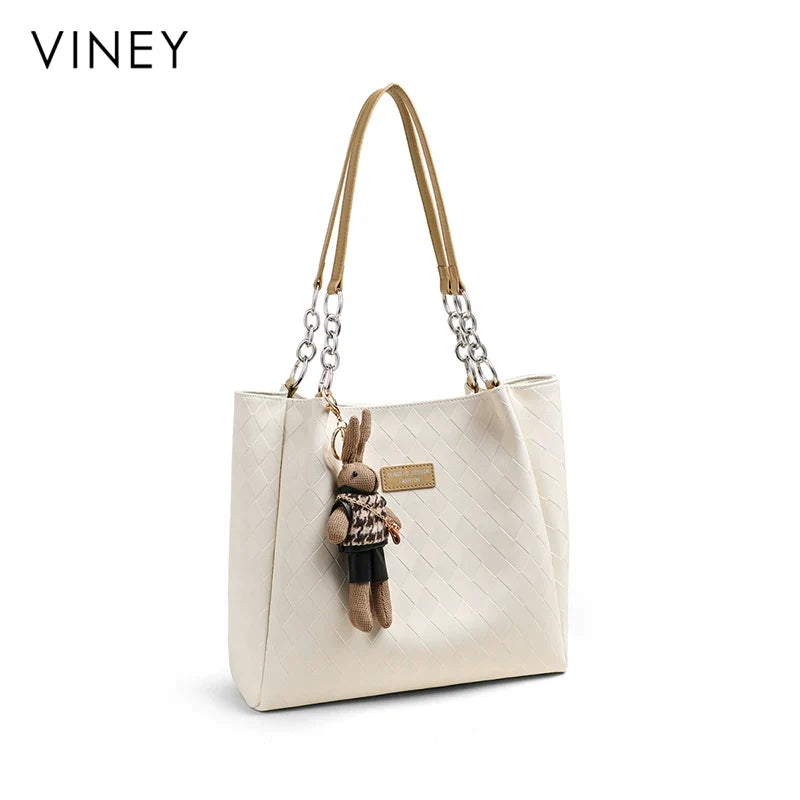VINEY Genuine Leather Large Capacity Quilted Tote Bag