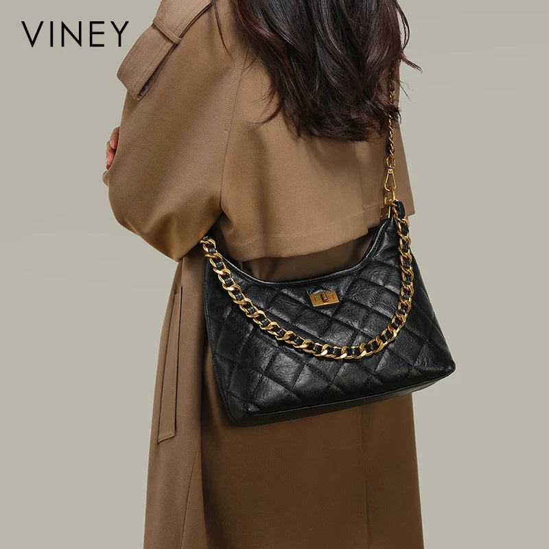 VINEY Genuine Leather Quilted Chain-Strap Convertible Tote Bag