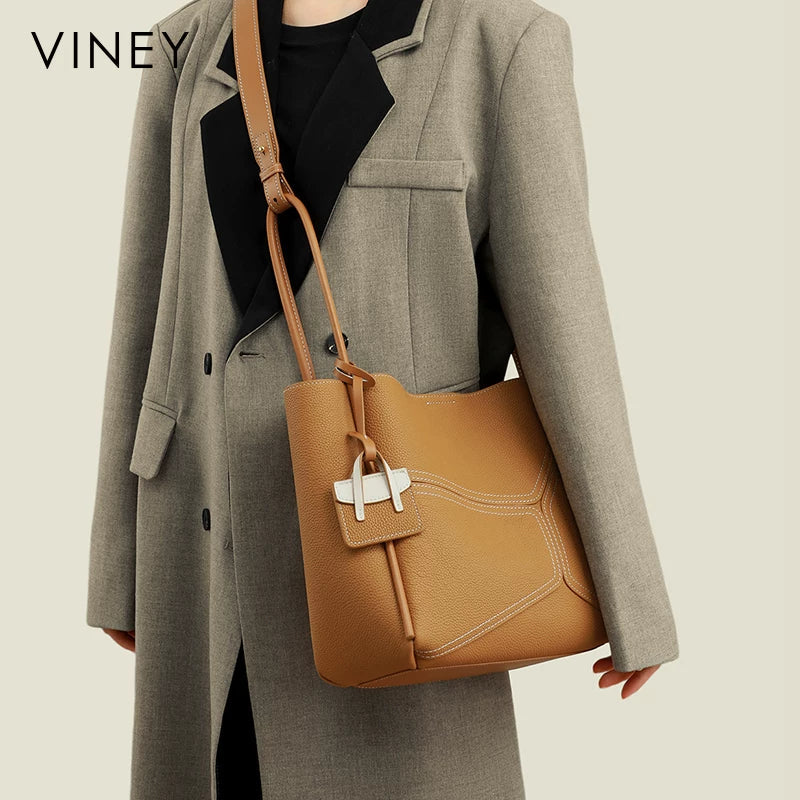 VINEY City Genuine Leather Large Capacity Convertible Bucket Bag