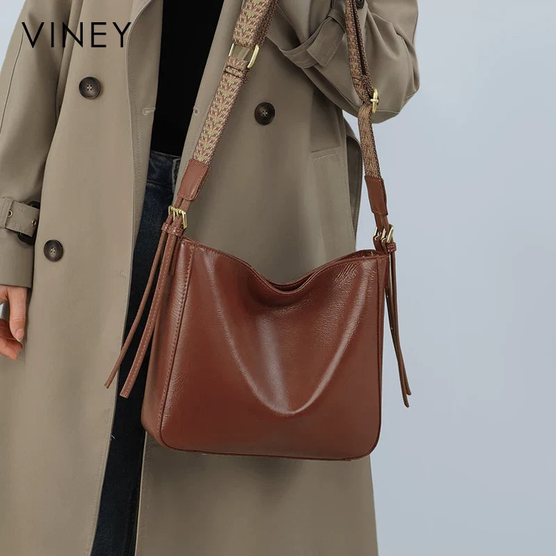 VINEY Genuine Leather Large Capacity Bucket Bag