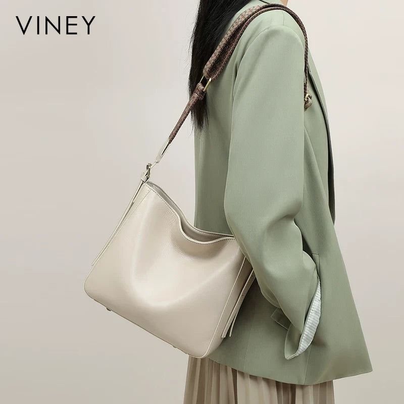 VINEY Genuine Leather Large Capacity Bucket Bag