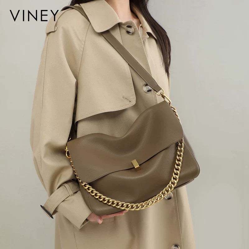 VINEY Everyday Genuine Leather Large Capacity Chain-Strap Tote Bag