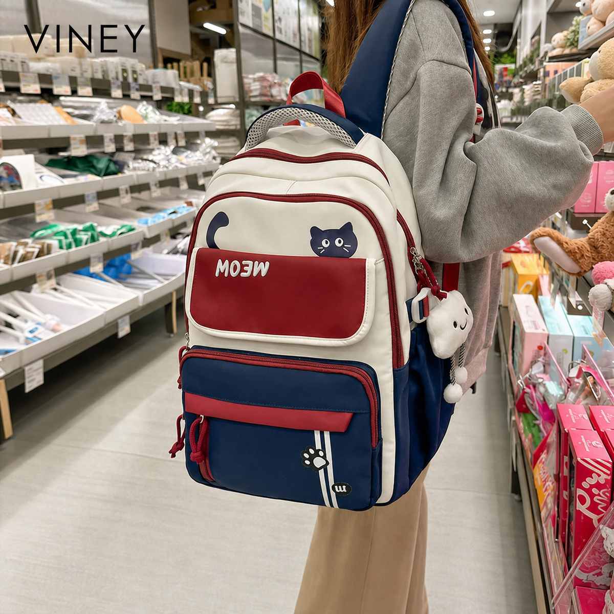 VINEY Canvas Large Capacity Lightweight Colorblock Backpack — English product image 2