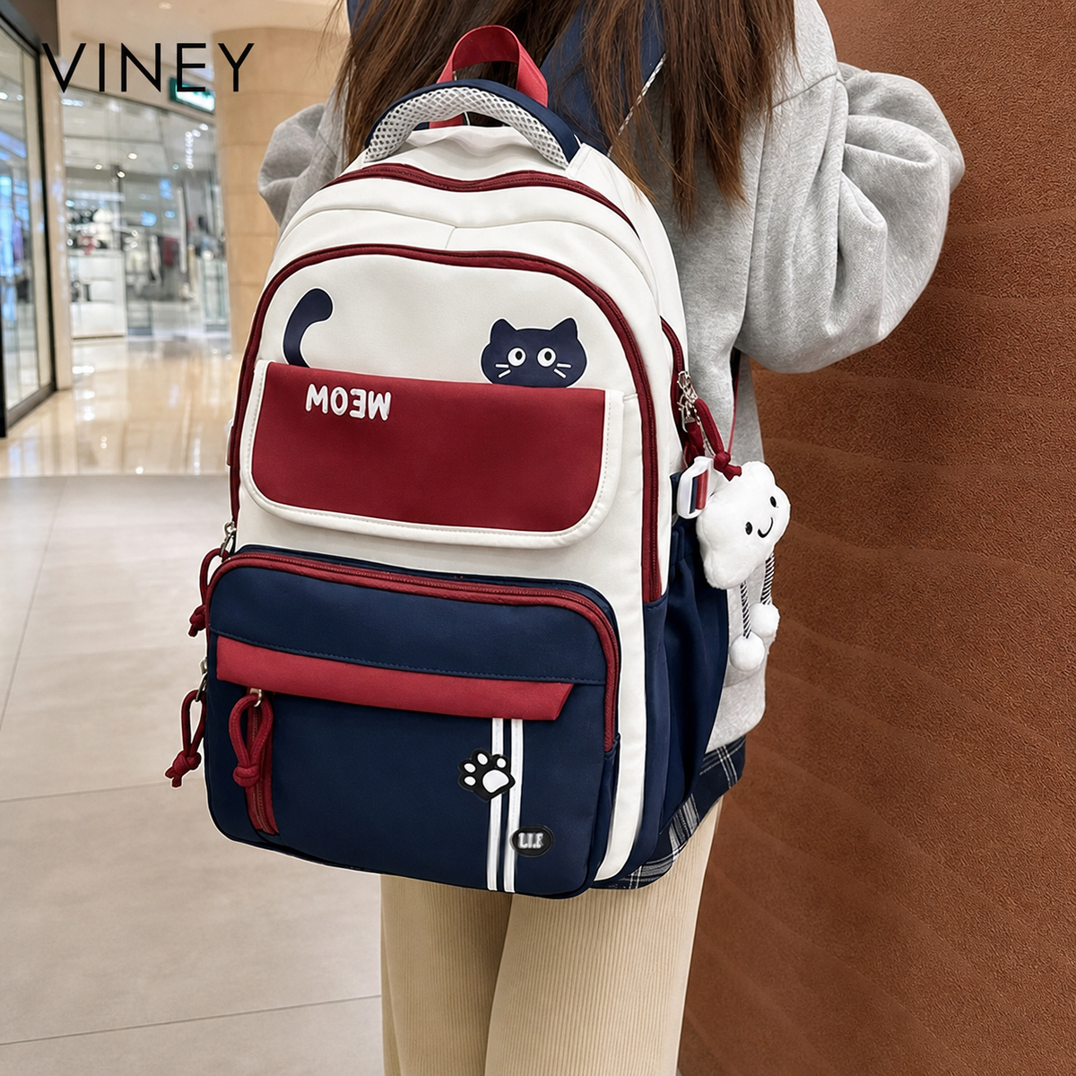VINEY Canvas Large Capacity Lightweight Colorblock Backpack lifestyle view