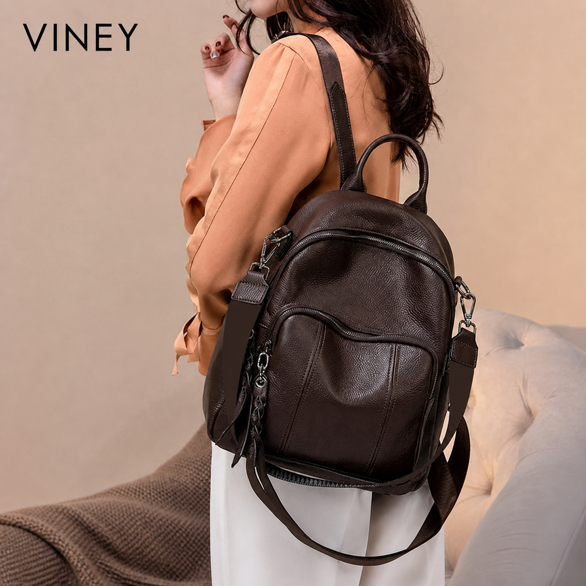VINEY Everyday Genuine Leather Large Capacity Lightweight Backpack — English product image 2